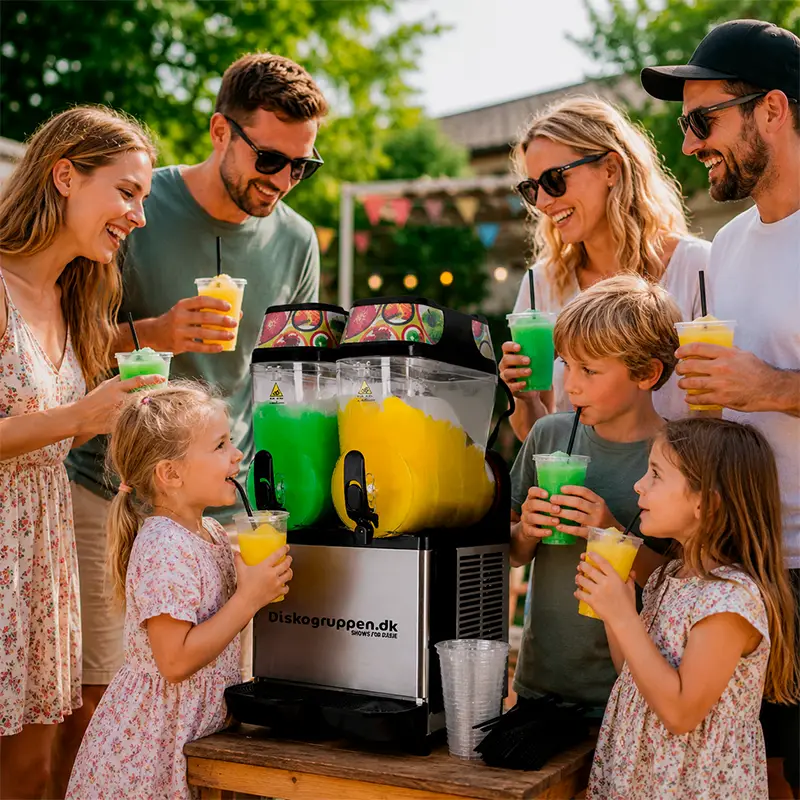 Familie nyder farverige slush ice drinks fra udlejet slush ice maskine til sommerfest