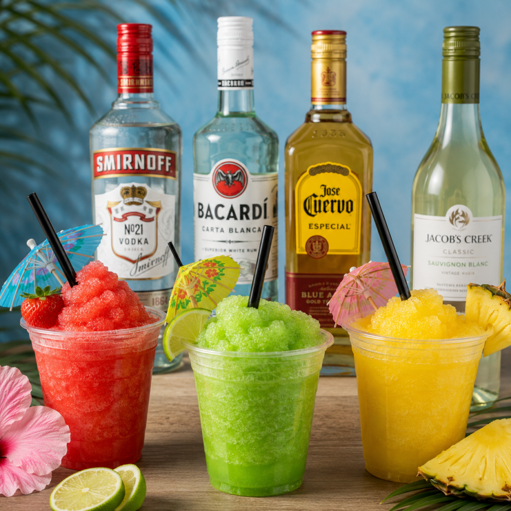 Slush Ice med alkohol 1 Slush ice med alkohol i tre farver – jordbær med vodka, lime med rom og ananas med hvidvin – med spiritusflasker i baggrunden