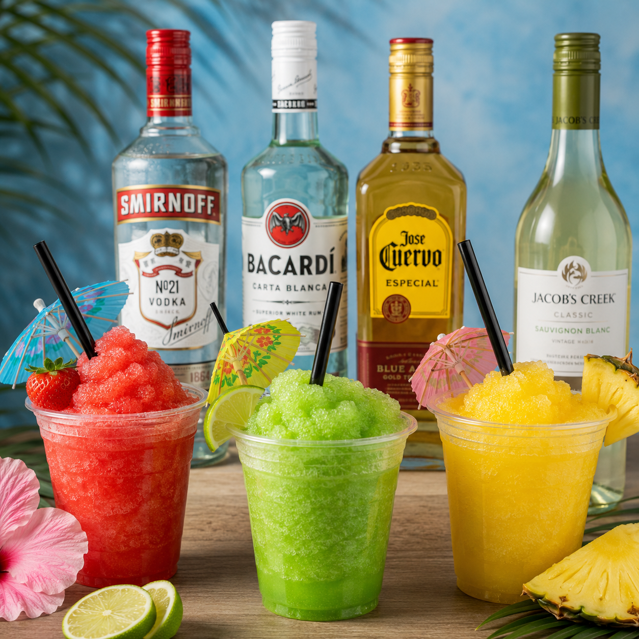 Slush ice med alkohol i tre farver – jordbær med vodka, lime med rom og ananas med hvidvin – med spiritusflasker i baggrunden