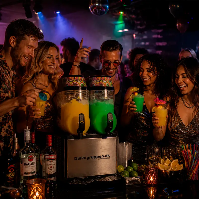 Voksne til fest med slush ice maskine leje og cocktails i natklub-stemning