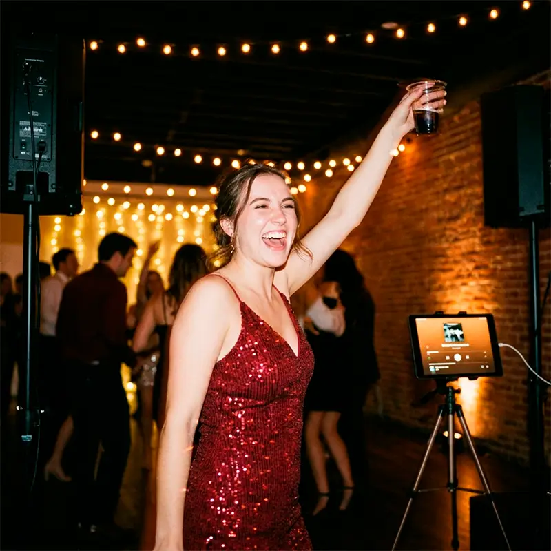 Leje af jukebox til fest – priser, levering og alt du skal vide 2 Gæster danser til fest med iPad-jukebox og PA-højttalere i baggrunden